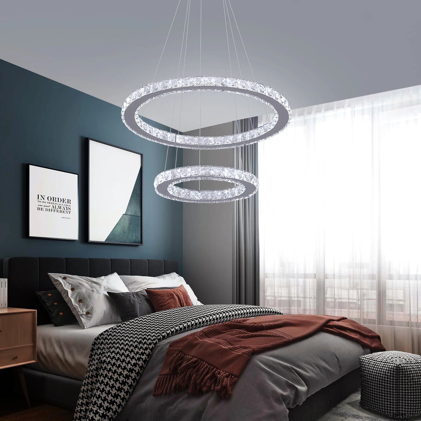 Modern Crystal Chandelier Lamp Chrome Led Living Room Dimming Pendant Light Bedroom Adjustable Hanging Lamps With Remote Control