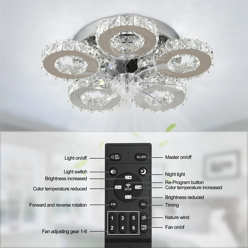 Crystal 5-Ring Fan Light Living Room Ceiling Light Stainless Steel Fixture Fandelier Plafon Fan Lamps Luminaire Led Chandelier