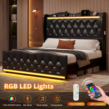 Cadre de lit Queen Size, tête de lit haute avec lumières LED et station de charge, tête de lit et pied de lit rembourrés, lit