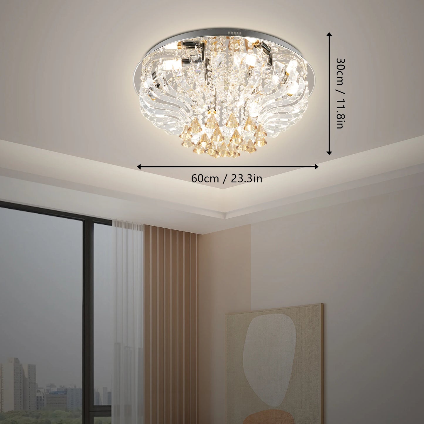 60*30cm Crystal Ceiling Lamp K9 Modern Crystal Chandelier 85V-265V with Light Remote Control Three Light Colors for Dining Room