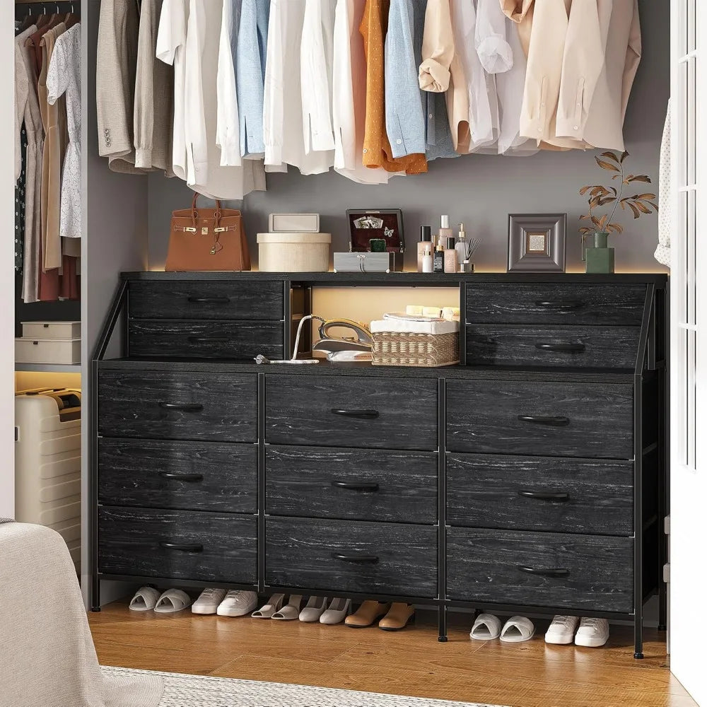 55”W Black Dresser, Dresser for Bedroom, Dresser with 13 Large Drawer Chests of Drawers,Long Dresser for Closet with 2 Shelves