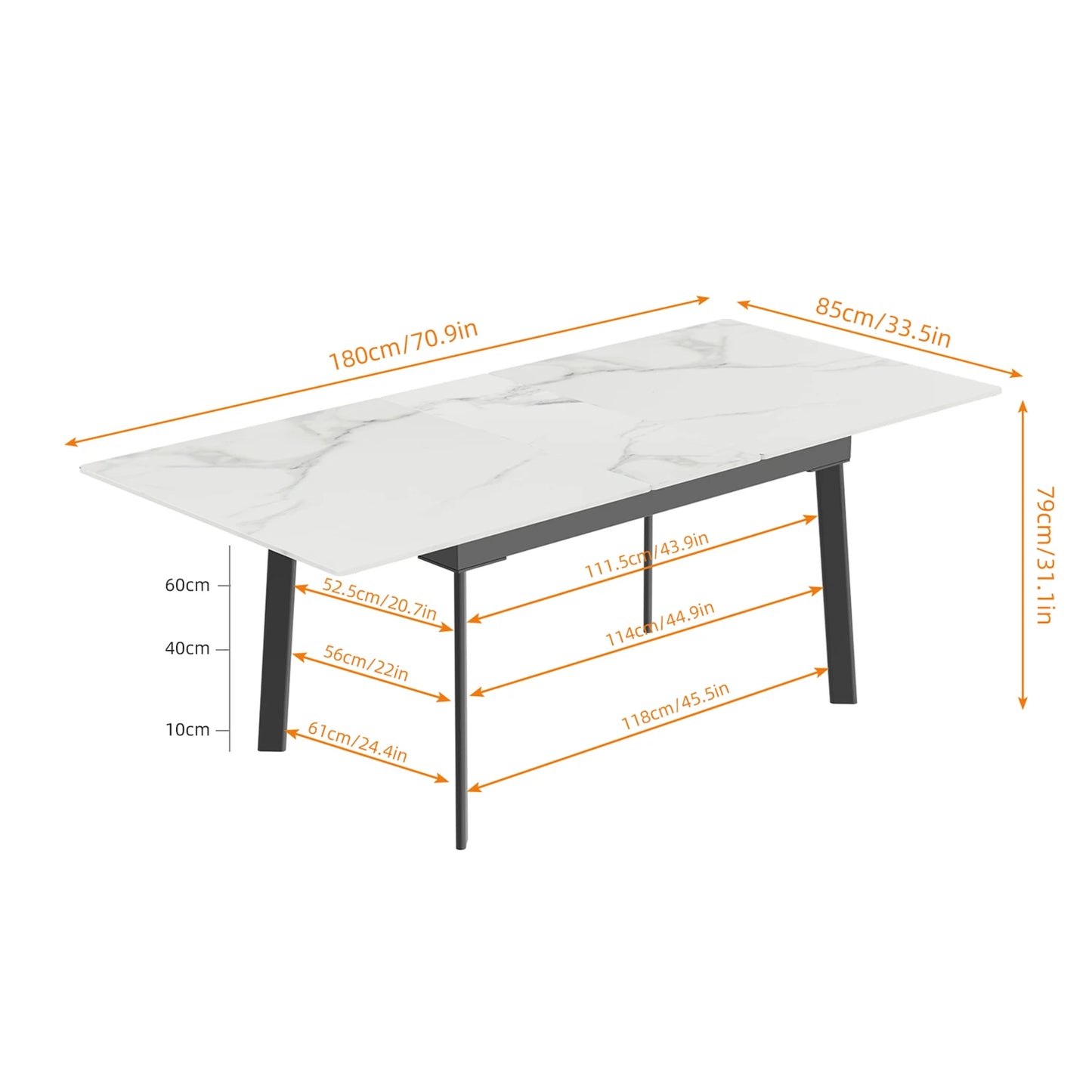 Extensible Dining Table Marble Top and Metal Frame Home Rectangular Kitchen Modern Furniture No Chairs