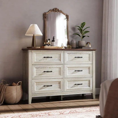 Farmhouse 6 Drawers Dresser, White Wood Dresser for Bedroom Wide Chest of Drawers, French Country Storage Double Dressers Or