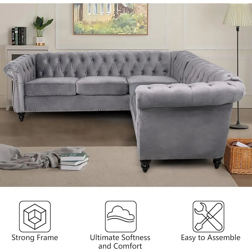 L-Shaped Sofa, Sectional Chesterfield Couch 5-Seater Velvet Upholstered Tufted Sofa with Rolled Armrest for Living Room