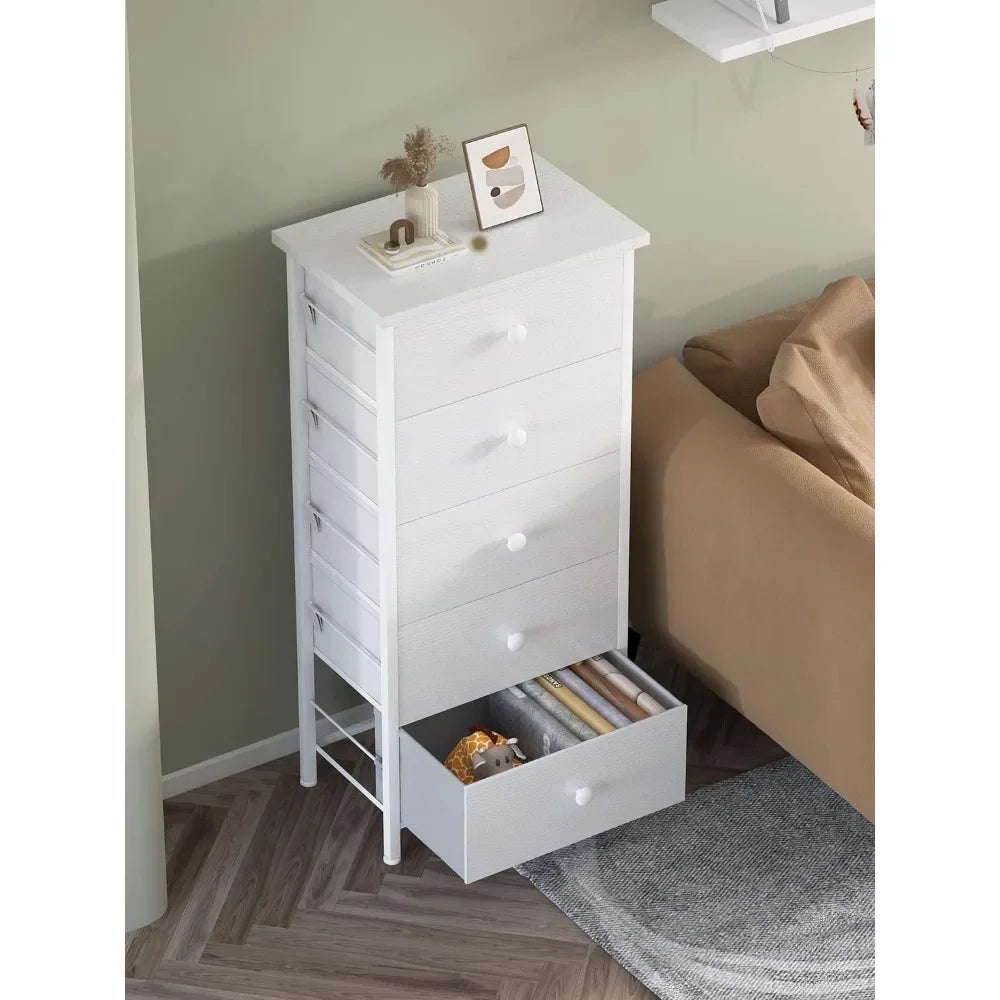 Tall White Dresser for Bedroom 5 Drawer & Chests of Drawers Fabric Dresser Storage Tower for Closet Kids and Adult Modern