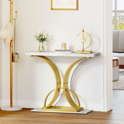 US  Modern Gold Console Table 39" Entryway Table with White Faux Marble Living Room furniture living room marble