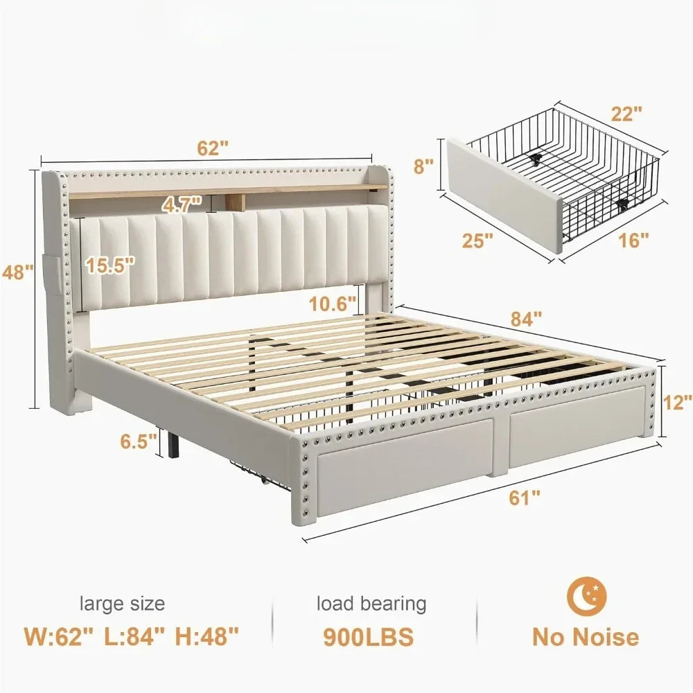 Queen size Bed Frame with 2 Drawers, Upholstered Headboard and Storage, NO Noise, No Box Spring Needed, Queen size Bed Frame