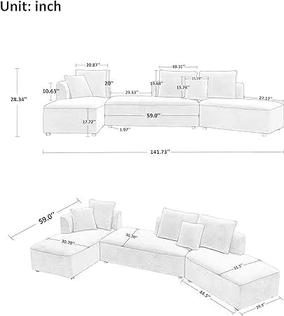 Sofá modular seccional en forma de L de chenilla, cómodo sofá Cloud de 3 plazas con otomana/chaise longue y 5 almohadas para sala de estar y dormitorio