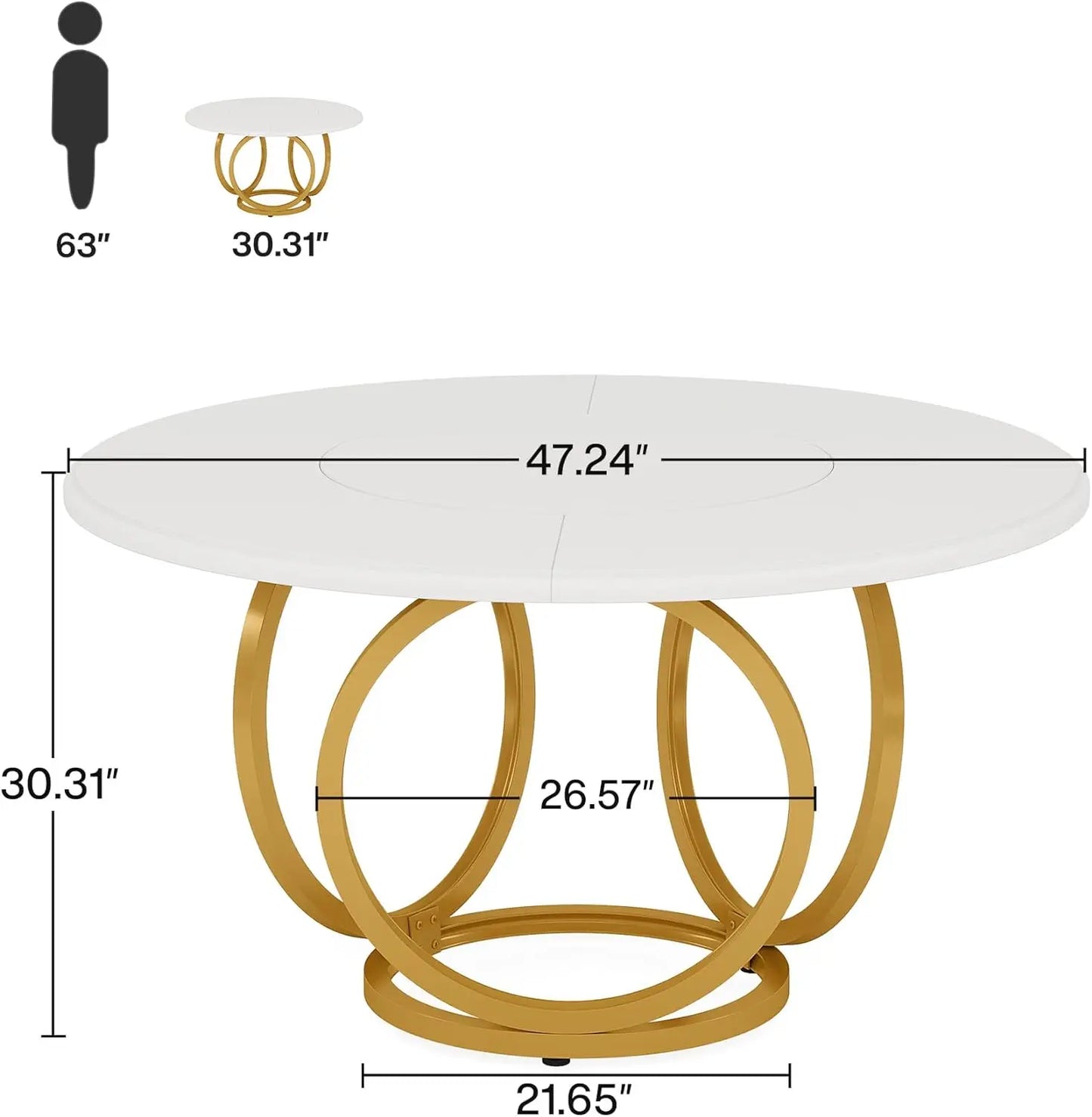 Table à manger ronde moderne pour 4 personnes, table de cuisine blanche de 47 pouces avec base en métal doré, table à manger en bois pour la cuisine