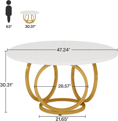 Table à manger ronde moderne pour 4 personnes, table de cuisine blanche de 47 pouces avec base en métal doré, table à manger en bois pour la cuisine