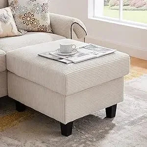 Sofá seccional de 112", sofá en forma de L de 4 plazas, otomana reversible, patas de madera, tapizado moderno de poliéster, beige, para sala de estar/apartamento