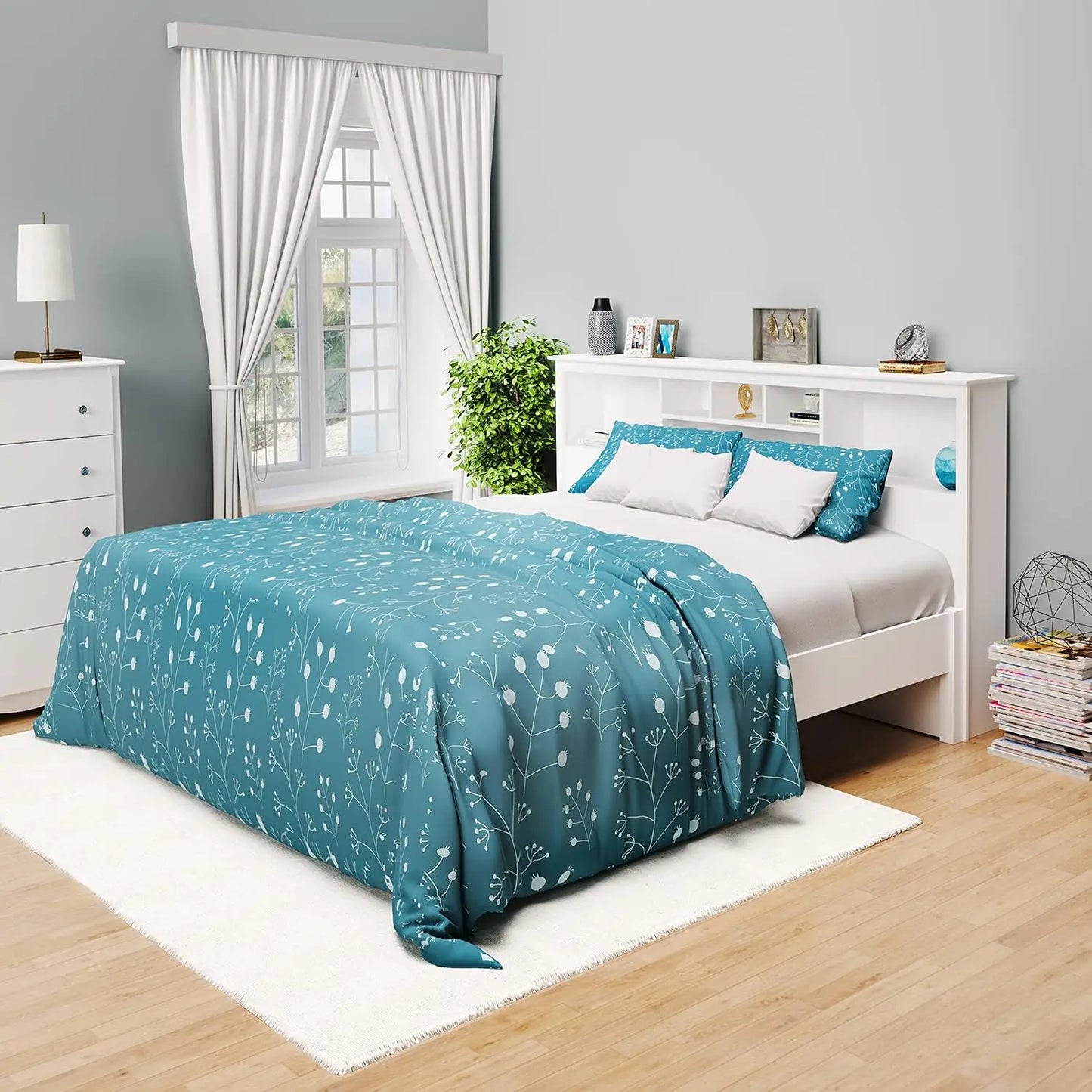 Tête de lit king size : élégante tête de lit king size blanche avec bibliothèque pour lits king size, autoportante (81,5" L x 43" H x 11" P)