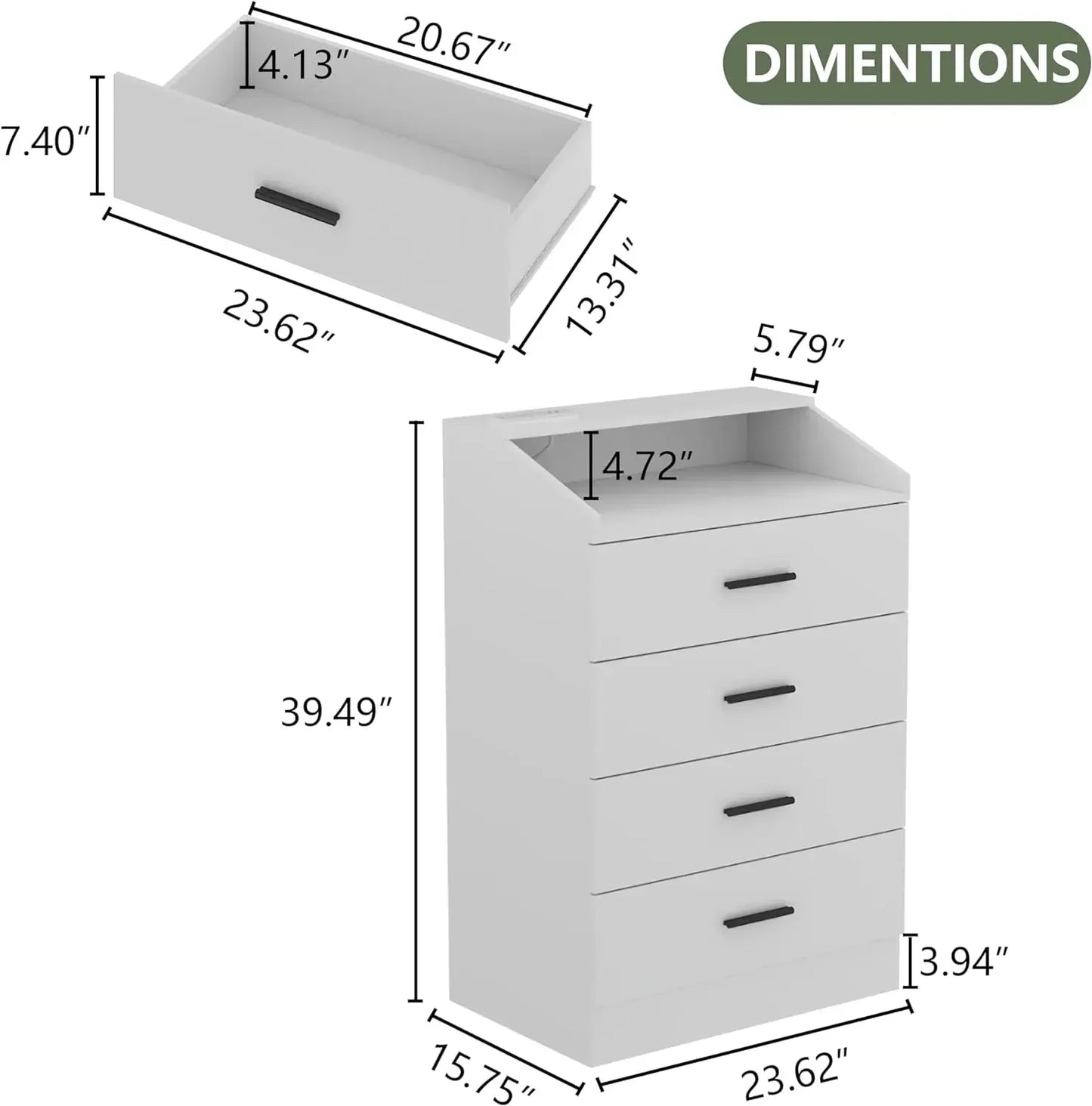 Dresser with Power Outlet, Chest of Drawers with LED Light, White Dresser Organizer with Open Storage Cubby, Modern Nightshatnd