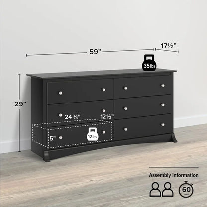 Prepac Sonoma bedroom furniture: Black double dresser for bedroom, chest of drawers, traditional bedroom dresser, 59 "W x 16" d