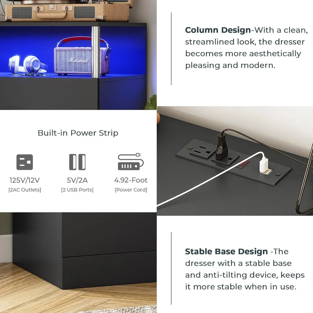 White Dresser for Bedroom with 6 Drawers, Dressers & Chests of Drawers with Column Design & Charging Station, Led Wide Dresser