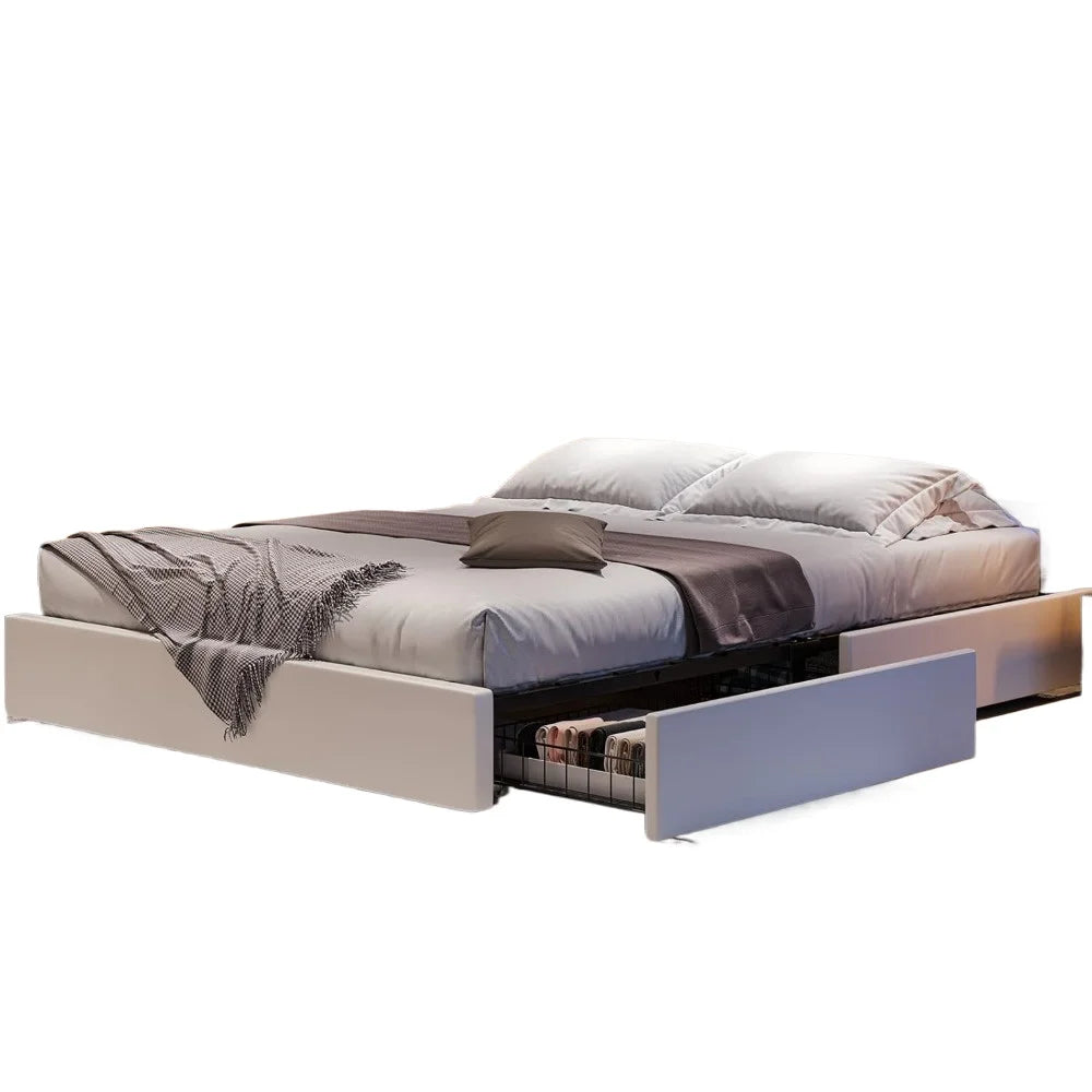 bed，Full Bed Frame with4Storage Drawers,LED Light Full Size Platform Bed withCharging Station,Artificial LeatherUpholstered Bed