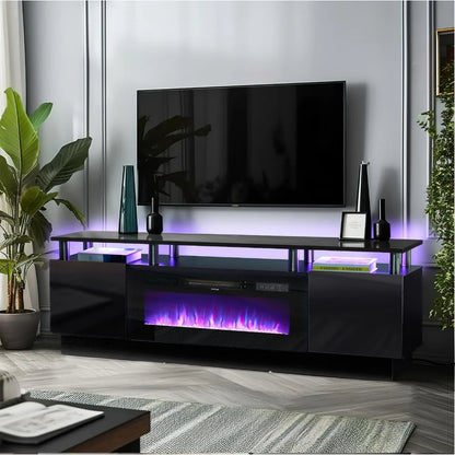 Meuble TV avec foyer électrique de 36 po, centre de divertissement à lumière LED, support de console TV à 2 niveaux pour téléviseurs jusqu'à 80 po