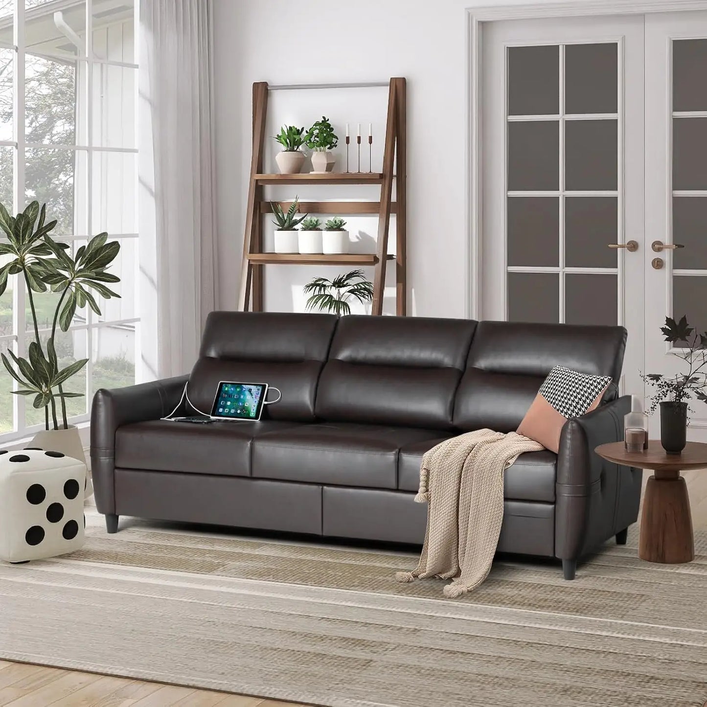 5” Black 3 Seater Couch with USB, Mid Century Modern Leather Sofas Couches for Living Room Small Spaces, Apartment Couch