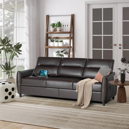 5” Black 3 Seater Couch with USB, Mid Century Modern Leather Sofas Couches for Living Room Small Spaces, Apartment Couch