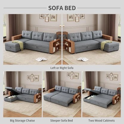 Pull Out Couch with Storage Chaise and Armrests,Convertible Sectional Sleeper Sofa Bed W/Removable Back Cushions