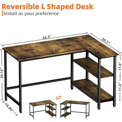 Bureau d'ordinateur rustique marron pour bureau à domicile, bureau d'écriture avec étagère, table de travail peu encombrante, meubles de chambre, bureaux d'étude pliables