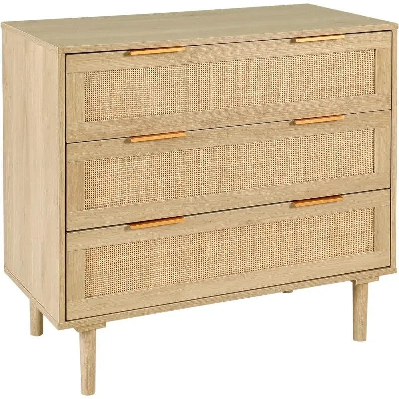 3 Drawer Dresser for Bedroom, Rattan Dresser Modern Closet Dressers Chest of Drawers, Wood Black 3 Drawer Storage Chest