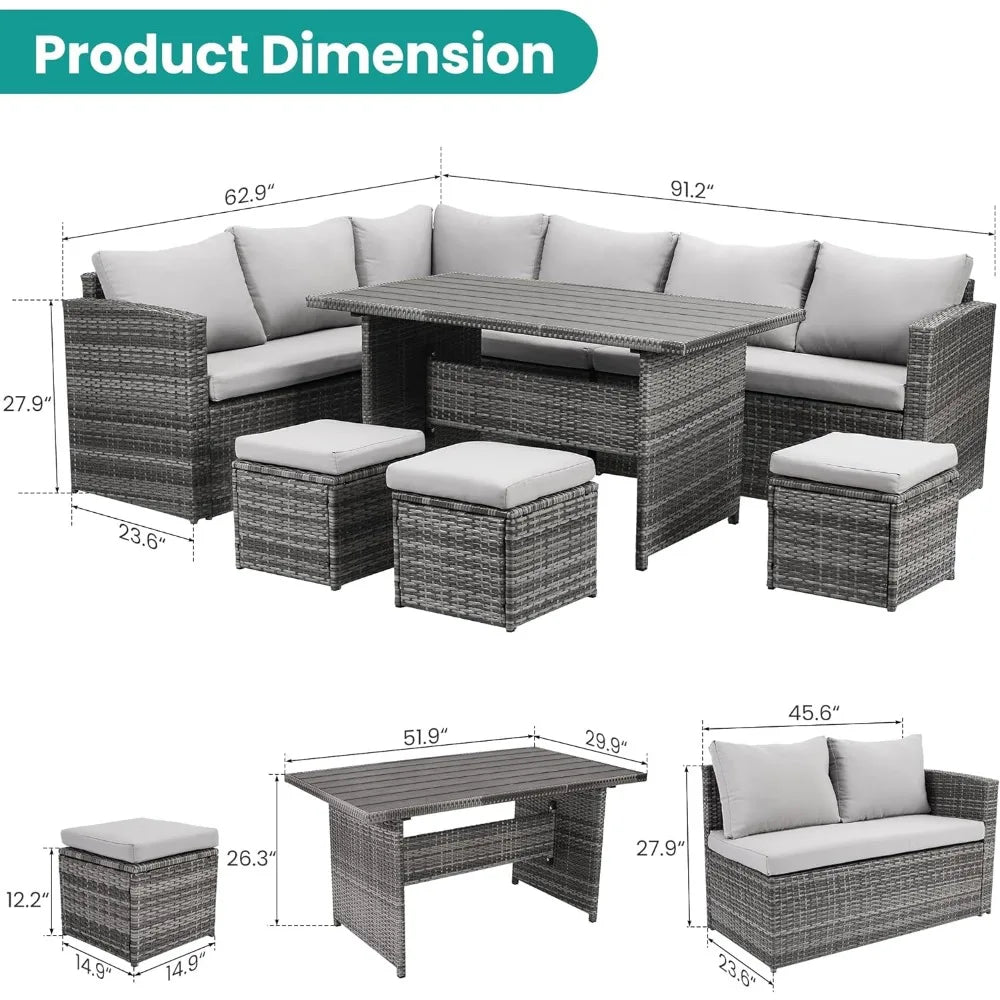 7 Pieces Outdoor Patio Furniture with Dining Table&Chair, Wicker Conversation Set with Ottoman,Grey (Include Sofa Dust Cover)