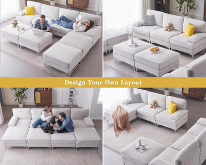 Modular Sectional Couches with Ottomans- 6 Seater, U Shaped Sofa for Living Room, Oversized Couch in Beige Chenille