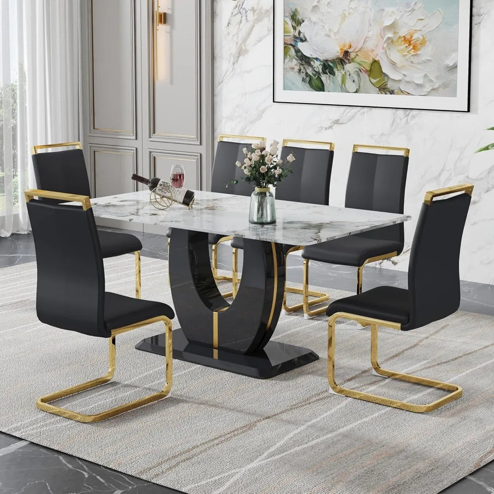 Ensemble de table à manger en marbre, pouvant accueillir 6 chaises rembourrées en cuir PU, pouvant accueillir 6 personnes, avec base en MDF