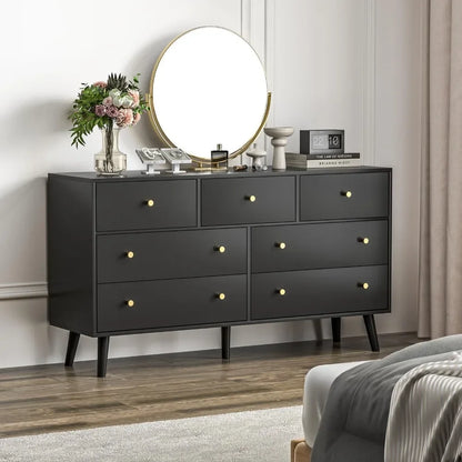 55” Black Dresser, 7 Drawer Dresser for Bedroom with Wide Drawers and Gold Knobs, Wood Dressers & Chests of Drawers Dressers