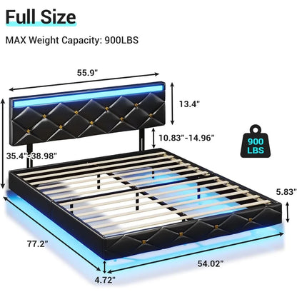 bed，Floating Bed Frame Full Size with Headboard and Charging Ports Modern Visual Full Floating Bed with Led Lights Black Faux