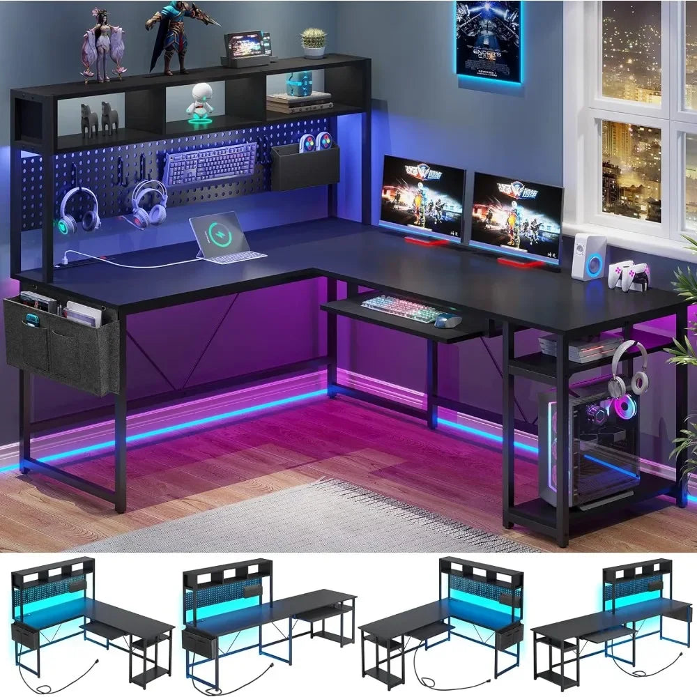 Table de jeu en L, table d'ordinateur réversible avec prise de courant et tableau d'affichage, table de jeu avec lumière LED, noir