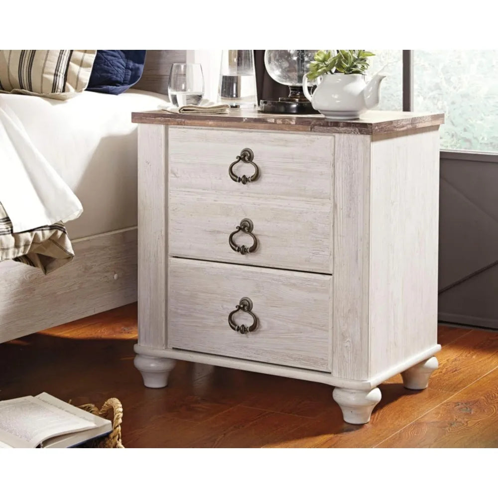 Willowton Farmhouse 2 Drawer Nightstand with USB Charging Ports, Whitewash