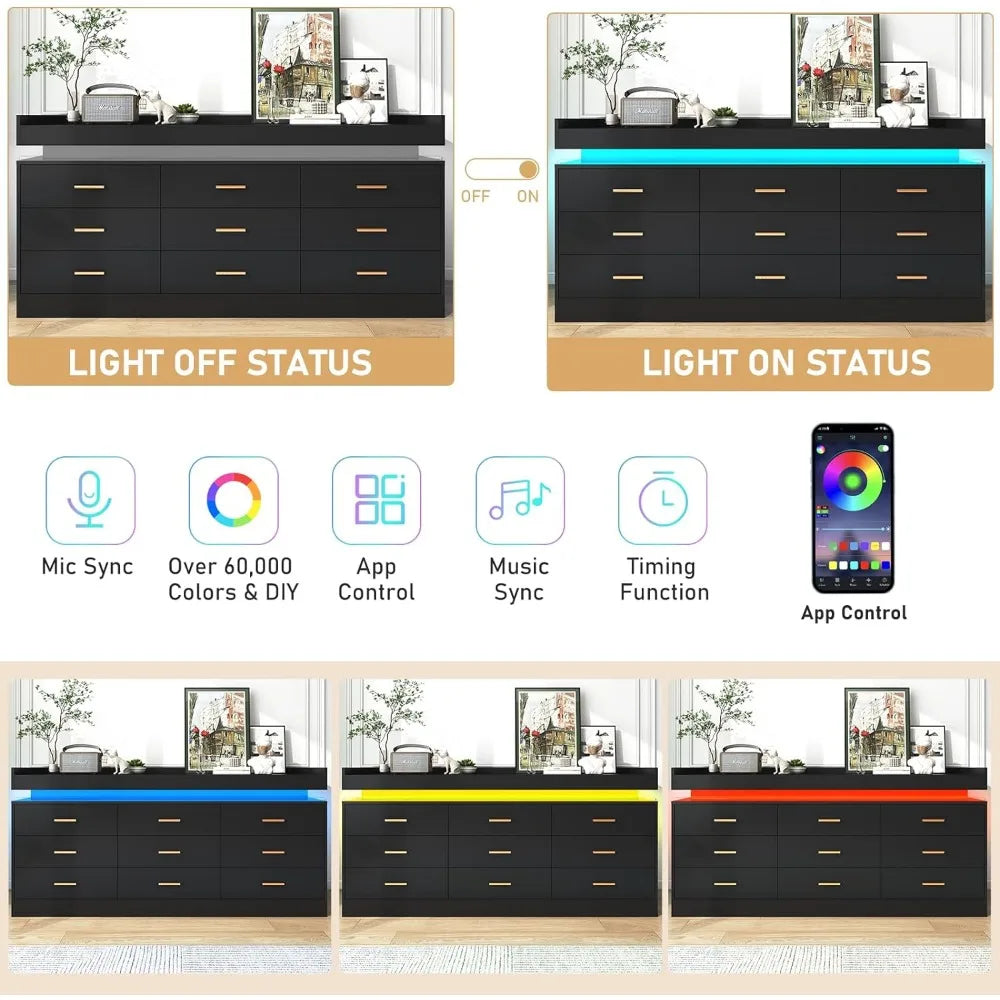 Bedroom Dresser, Drawer Dresser with LED Lights, Modern Chest of Drawers with Power Outlet, Organizer Cabinet for Bedroom, White