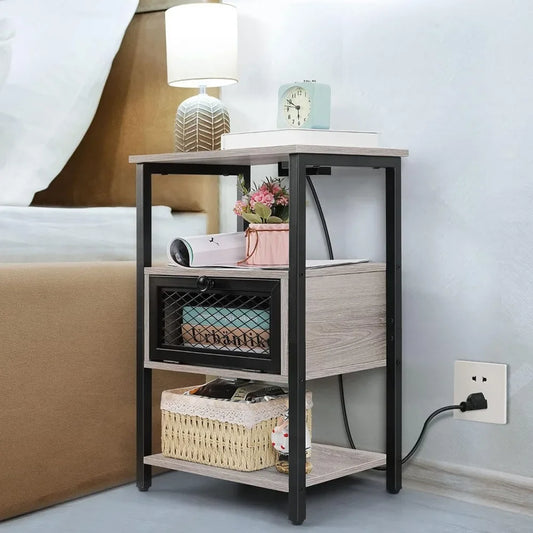 Nightstand Set of 1 with Charging Station, Bedside Table for Bedroom, Living Room, Grey, End Tables