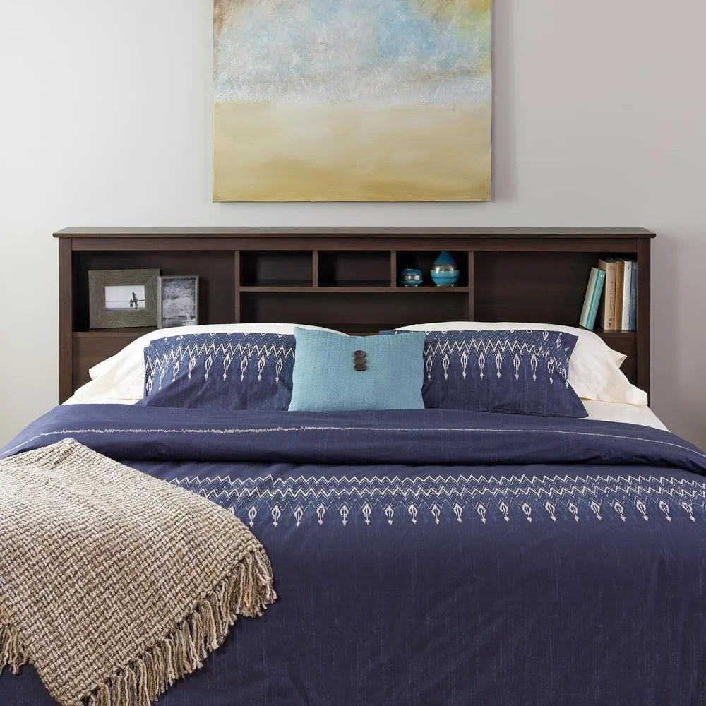 King Size Bed Headboard Stylish Espresso King Headboard with Bookcase for King Size Beds Freestanding (81.5" W X 43" H X 11" D)