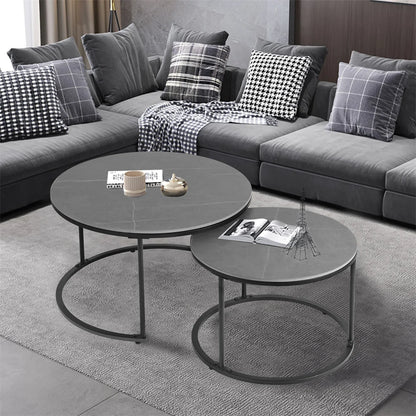 Ensemble de table basse ronde moderne en marbre gris avec plateau en pierre frittée et pieds en métal