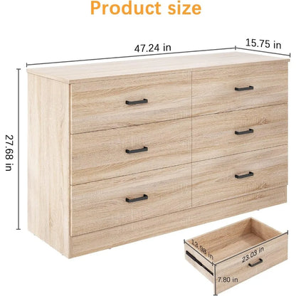 Wood Dresser for Bedroom, 6 Drawer Double Dresser with Metal Handles, 15.8" D x 47.2" W x 27.7" H, Light Oak