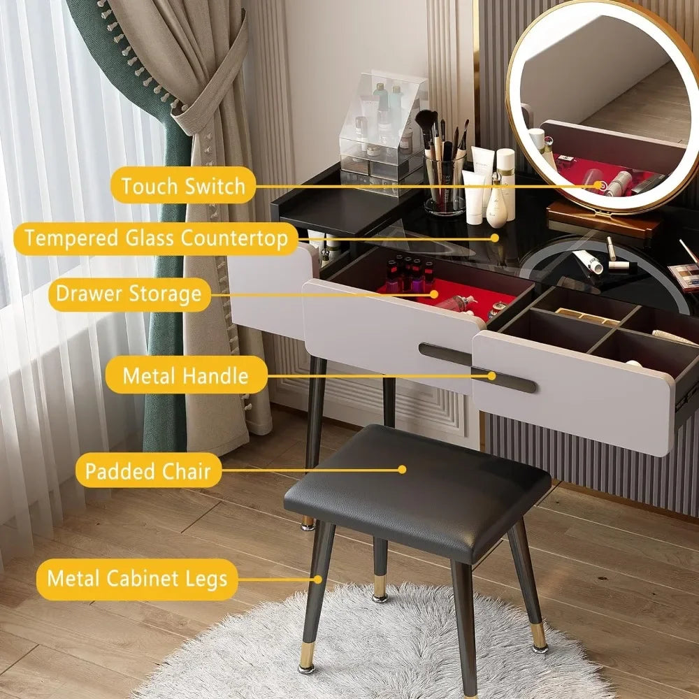 Coiffeuse avec miroir et lampe, 3 modes d'éclairage, ensemble de commode de chambre à coucher avec 3 tiroirs pour femmes / filles gris