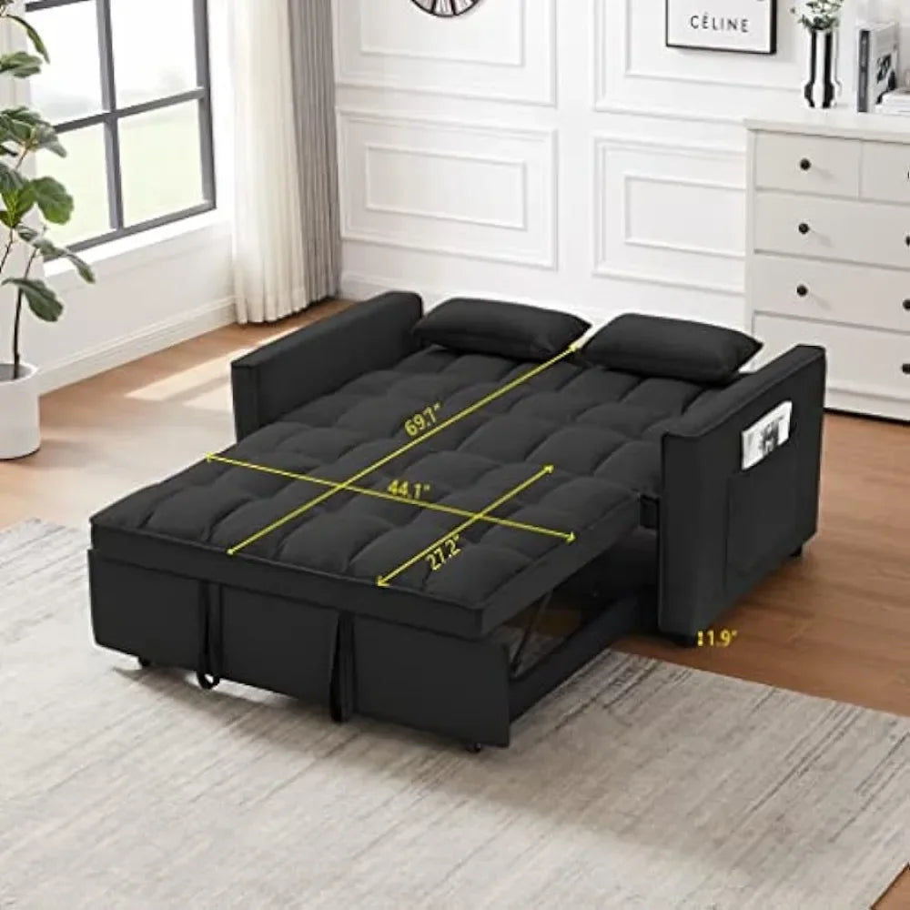 Sofá cama convertible de 55 pulgadas, sofá de dos plazas pequeño de terciopelo 3 en 1 con cama extraíble, respaldo reclinable, almohadones y bolsillos