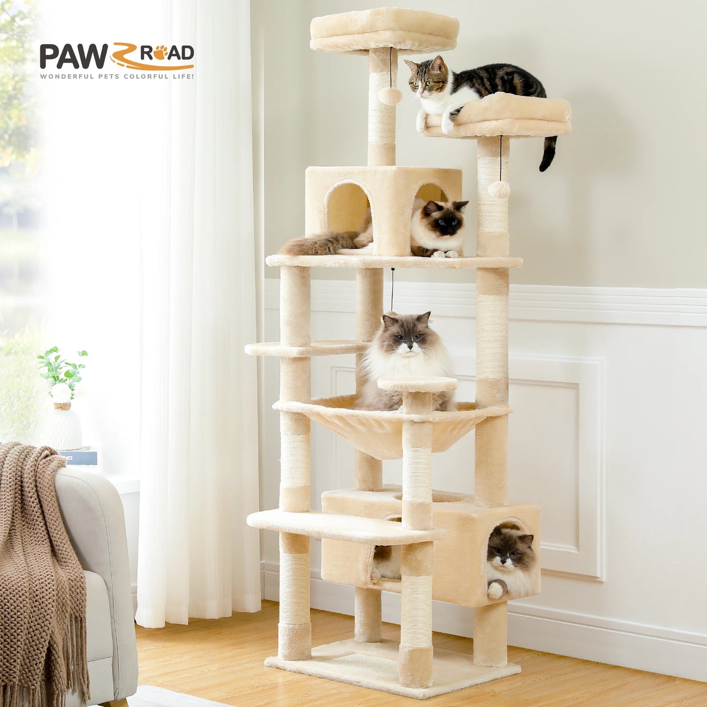 Arbre à chat de luxe pour animaux de compagnie, meuble de condo, tour à chat multicouche avec échelle, poteau à gratter en sisal naturel, jouet d'escalade et de saut