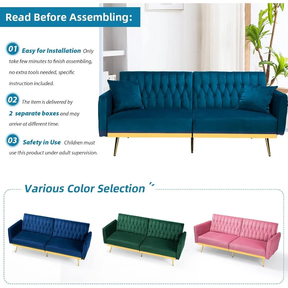 Canapé-lit futon en velours de 70 po avec dossiers et accoudoirs réglables, canapé-lit futon convertible avec deux oreillers, lit-lit capitonné