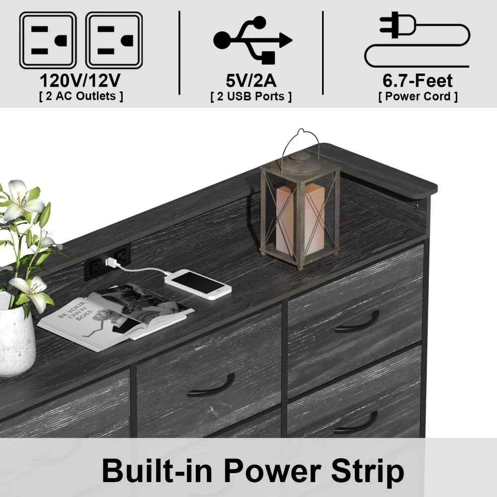 Commode blanche avec éclairage LED pour chambre à coucher Commode à 9 tiroirs avec station de charge Commode à tiroirs Cadre en acier Plateau en bois