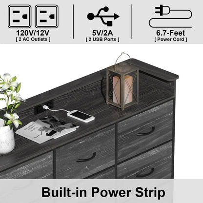 Commode blanche avec éclairage LED pour chambre à coucher Commode à 9 tiroirs avec station de charge Commode à tiroirs Cadre en acier Plateau en bois