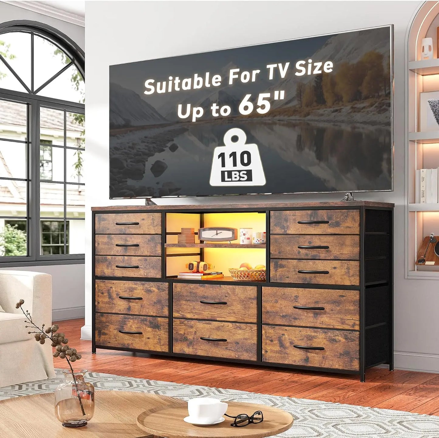 Commode pour meuble TV pour chambre à coucher avec prise de courant et lumières LED pour meuble TV 65" avec 12 tiroirs en tissu Table console TV pour chambre à coucher