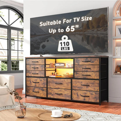 TV Stand Dresser for Bedroom with Power Outlet & LED Lights for 65" TV Standwith 12 Fabric Drawers TV Console Table for Bedroom