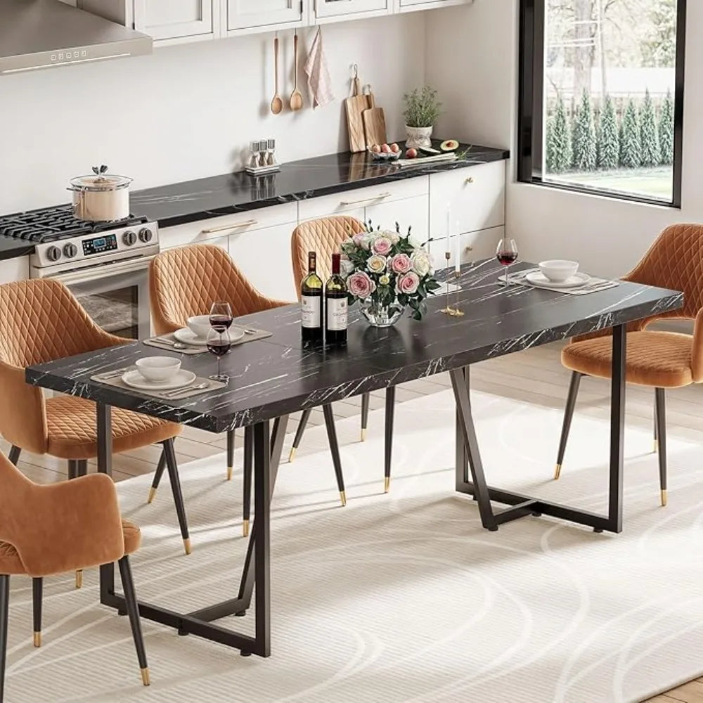 82.6'' Large Modern Dining Table for 8-10 People, Rectangular Black Kitchen Dining Room Table with Faux Marble  Tabletop