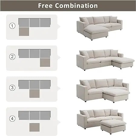 Sofá modular seccional en forma de L de chenilla, cómodo sofá Cloud de 3 plazas con otomana/chaise longue y 5 almohadas para sala de estar y dormitorio