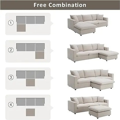 Chenille L-Shaped Modular Sectional Sofa, 3-Seater Comfy Cloud Couch with Ottoman/Chaise & 5 Pillows for Living Room Bedroom