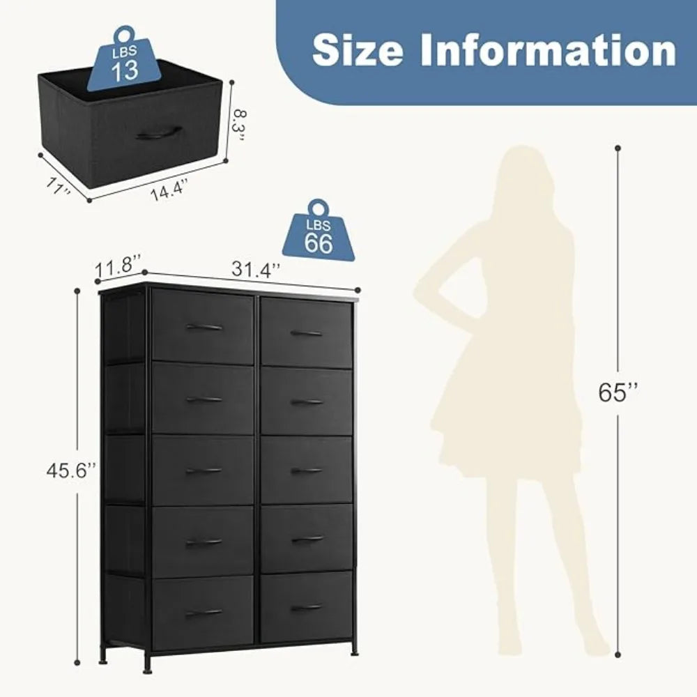 Dresser for Bedroom, Fabric Storage Tower with 10 Drawers, Chest of Drawers with Fabric Bins, Sturdy Metal, Tall Storage Drawers